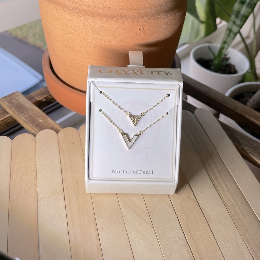 -NIB- mother of Pearl and gold plated Sterling silver triangle necklace duo set